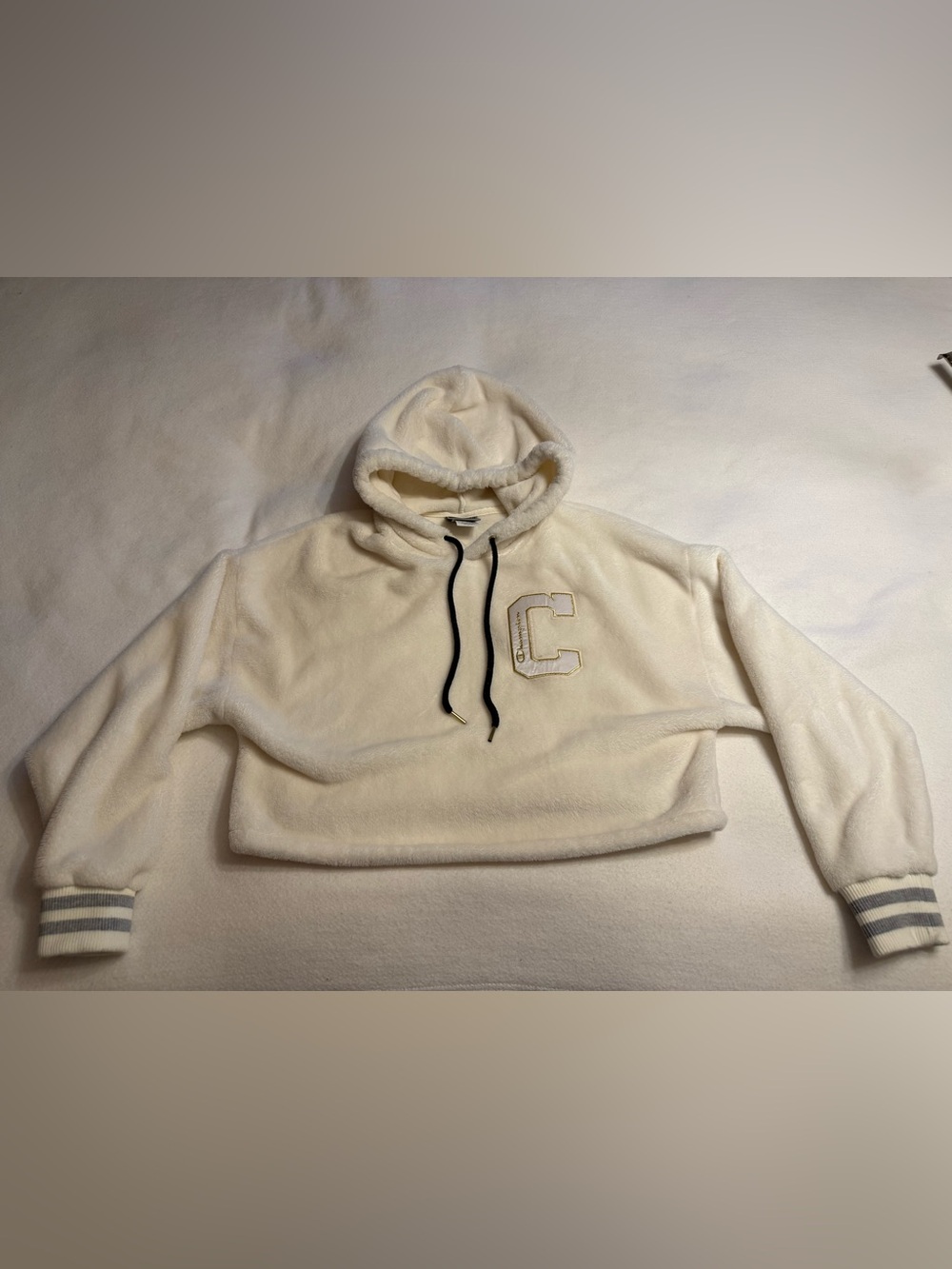 Champion Cream Plush Hoodie with Black Drawcords